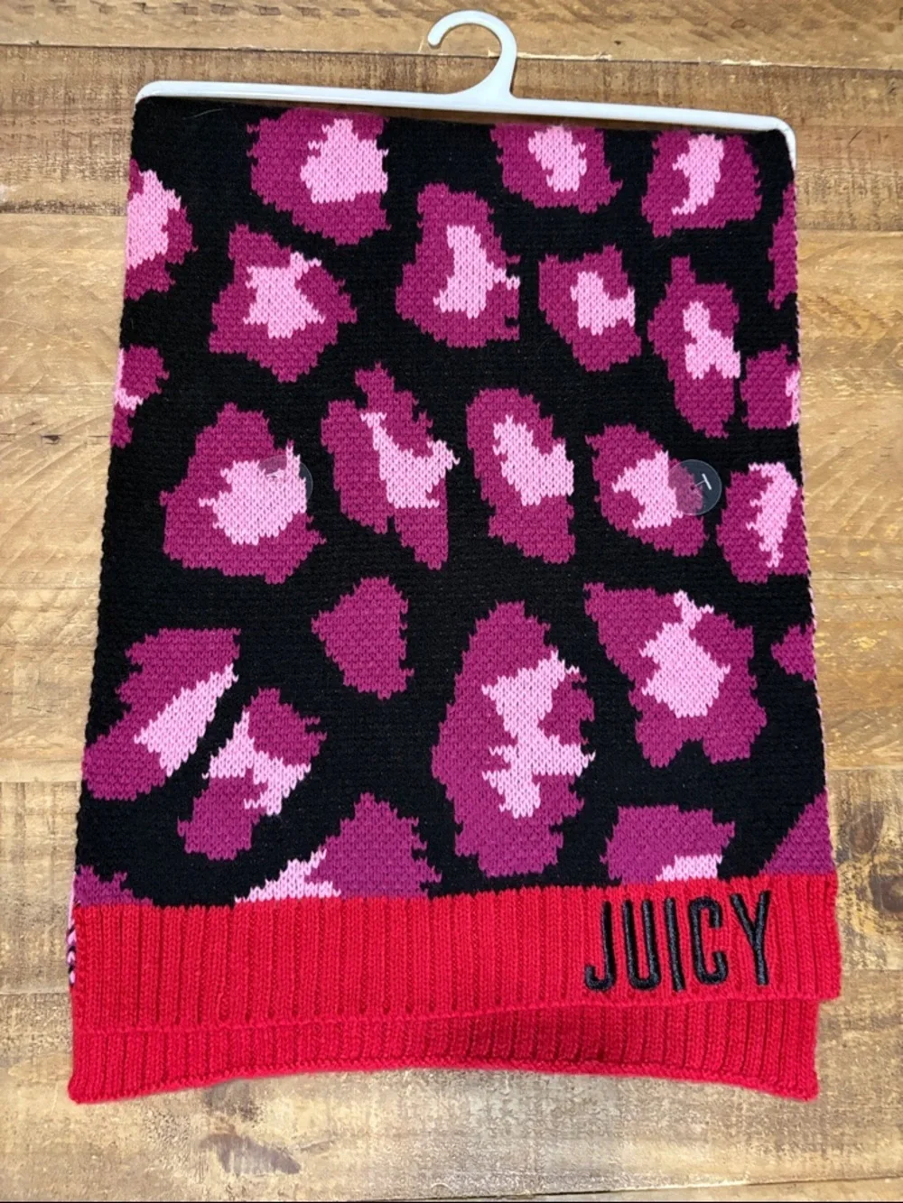 Juicy Couture Black & Pink Leopard Knit Scarf with Red Trim NWOT
